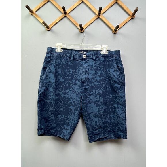 American Eagle Shorts Men 32 Blue Chino Classic Flat Front Cotton Casual Floral - Picture 1 of 7